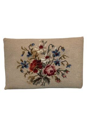 Vintage Needlepoint Victorian Style Floral Small Stool Ottoman